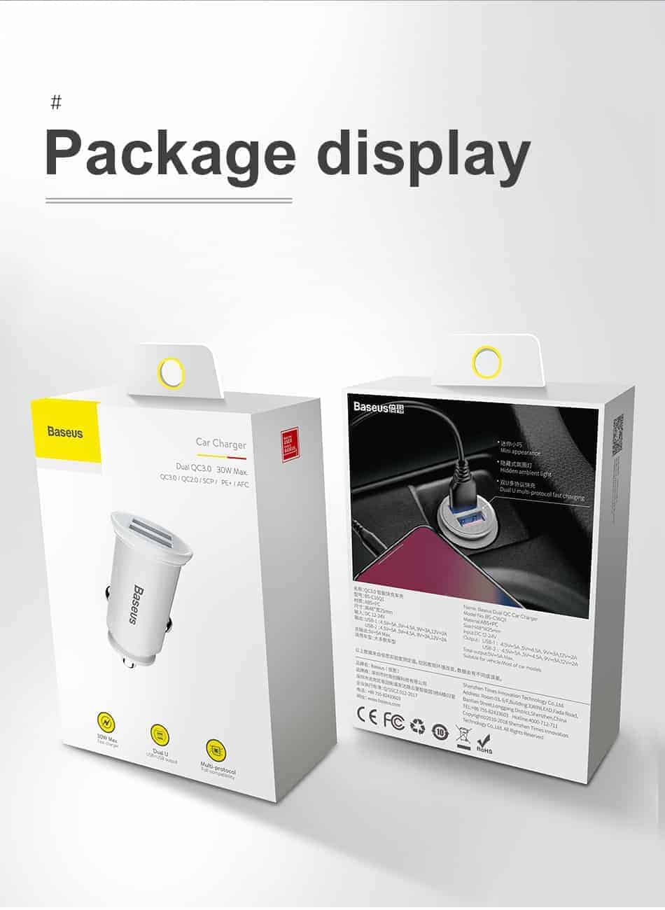 Tẩu sạc trên ô tô Baseus 2 cổng sạc nhanh Q.C 4.0 30W cho điện thoại, máy tính bảng, pin dự phòng