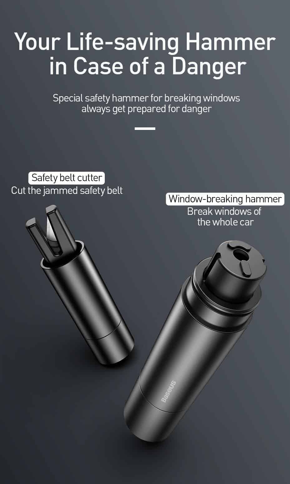 Dụng cụ cắt dây an toàn và phá kính khẩn cấp thương hiệu Baseus 2 in 1 cho xe ô tô Dụng cụ cắt dây an toàn và phá kính khẩn cấp thương hiệu Baseus 2 in 1 cho xe ô tô