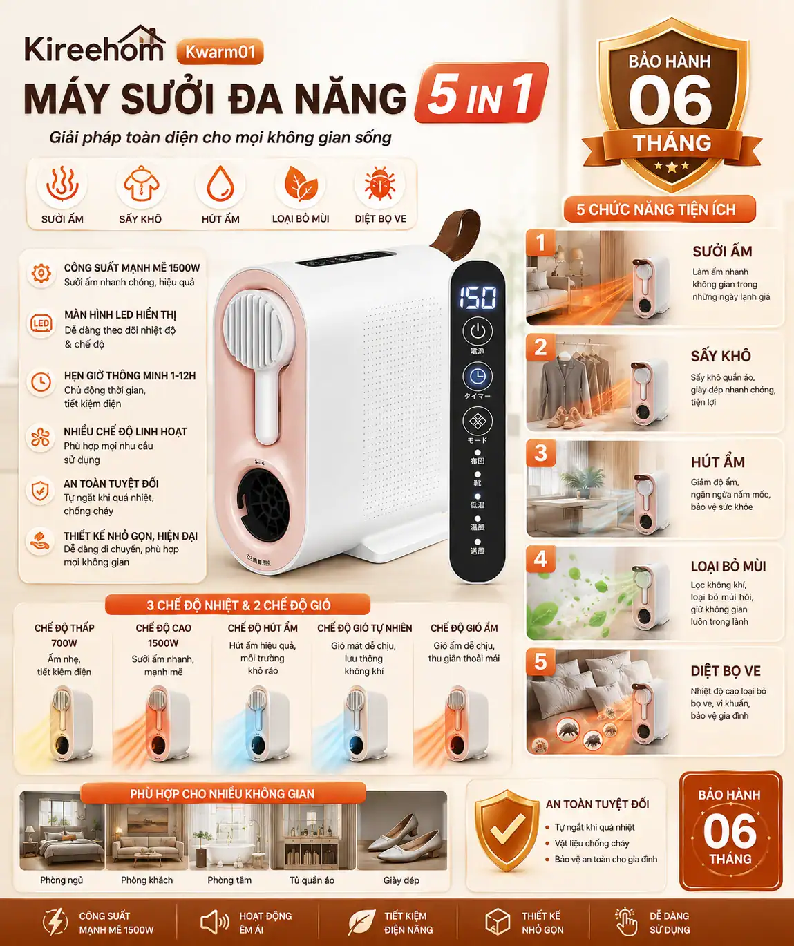 Máy sưởi đa năng 5 in 1 Kireehom Kwarm01 (Sưởi, sấy, hút ẩm, loại bỏ mùi, diệt bọ ve)