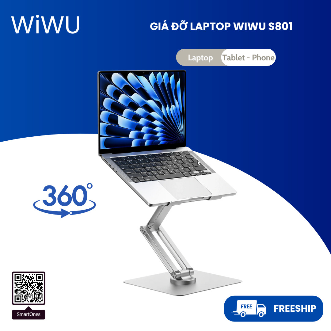 Giá đỡ laptop WiWU S801 xoay 360º nâng hạ, kim loại cao cấp cho laptop , iPad