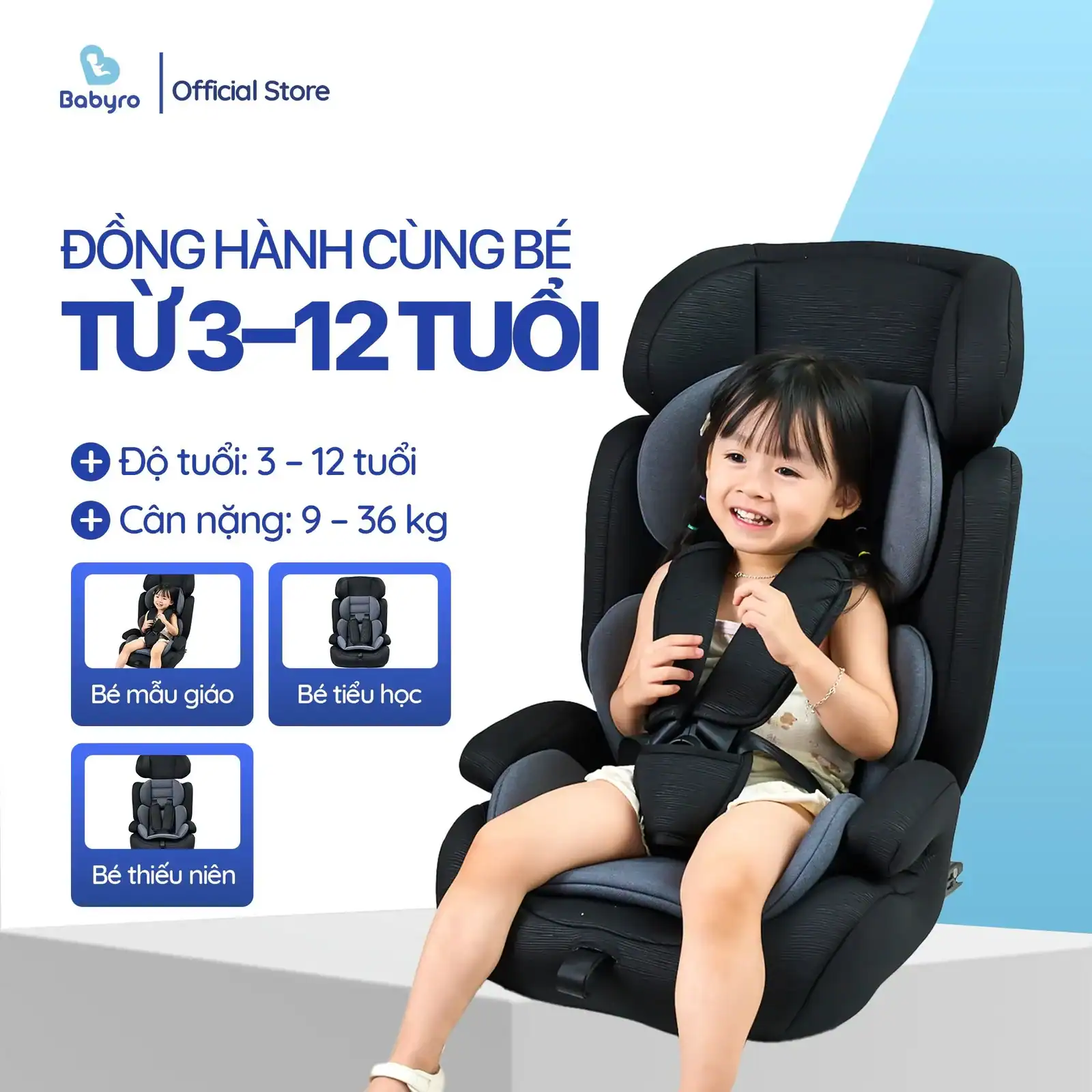 Ghế ô tô cho bé BABYRO WING (G301I00) – dành cho bé từ 3 đến 12 tuổi, bảo hành 9 năm