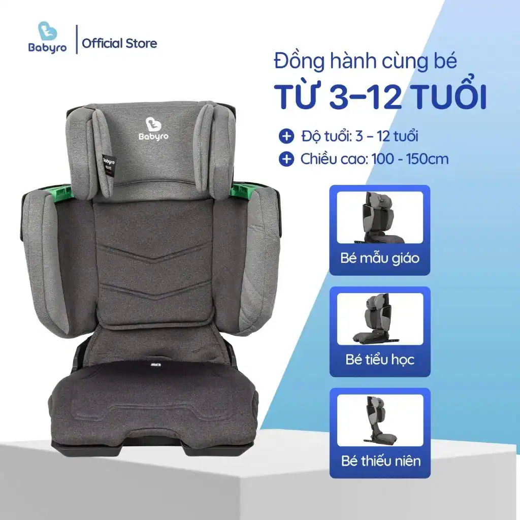 Ghế trẻ em trên ô tô Babyro I-trek gấp gọn ( isofix, cho trẻ 3-12 tuổi ) Bảo hành 9 năm