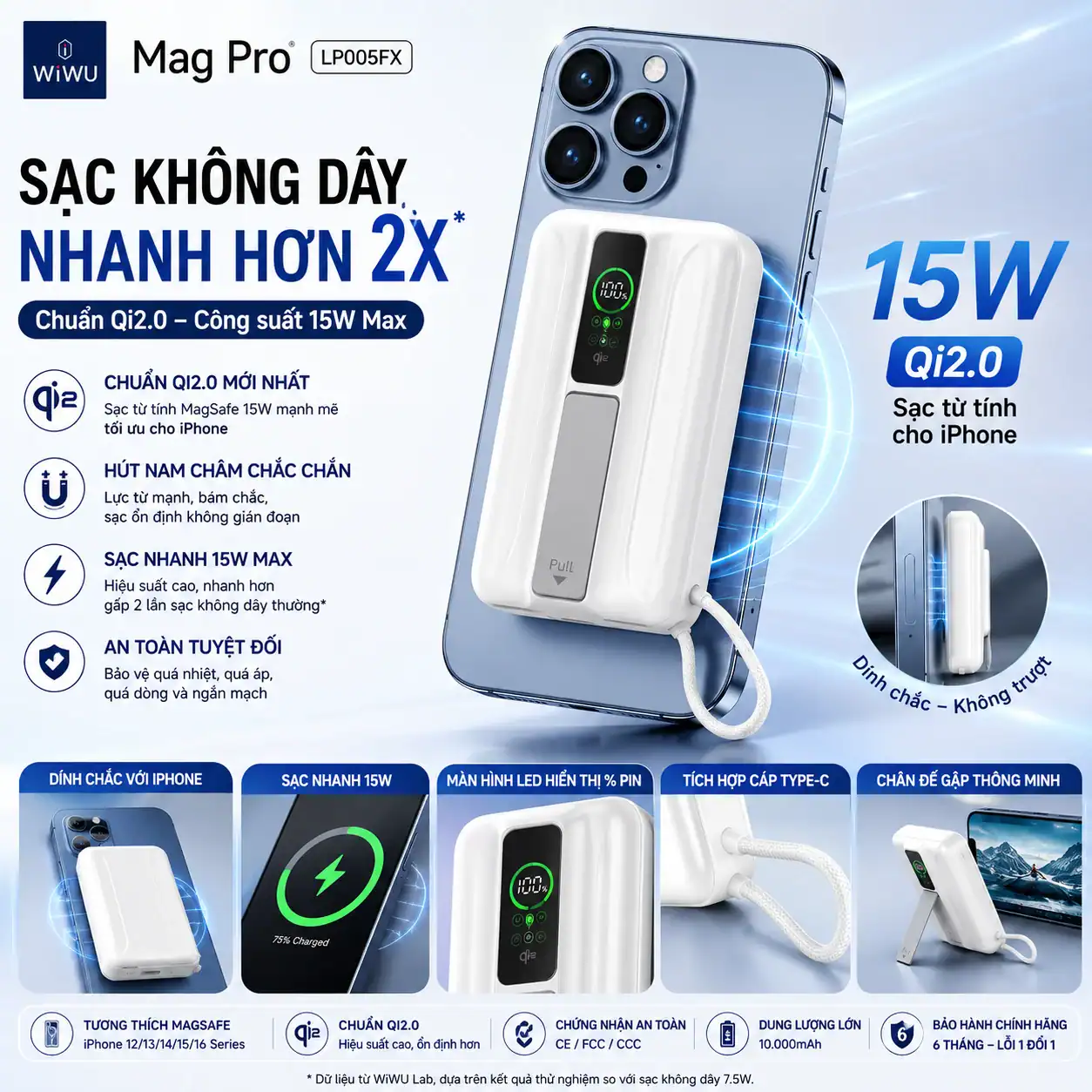 Pin dự phòng WIWU MAG PRO LP005FX sạc từ tính chuẩn QI2 (10000mah )