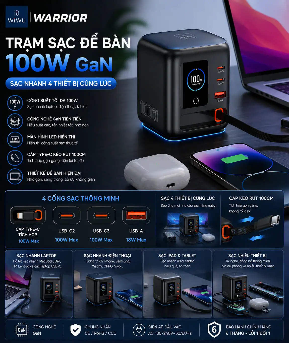 Trạm Sạc Để Bàn WIWU WARRIOR 100W GaN (WI-G039) kèm cáp C dài 100cm 2C1A