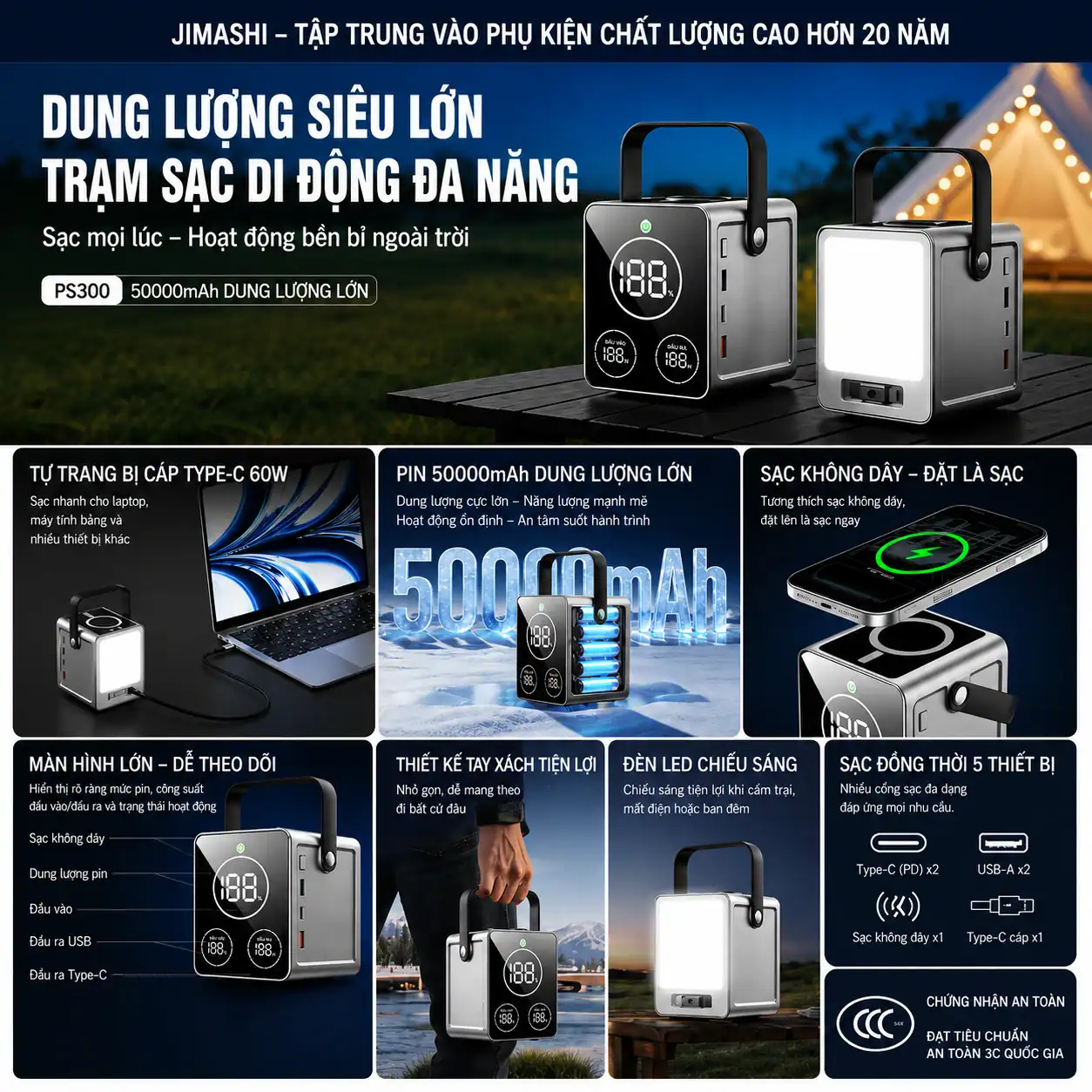 Trạm sạc dự phòng WiWU PS300 50000mAh PD 100W và sạc không dây 15W