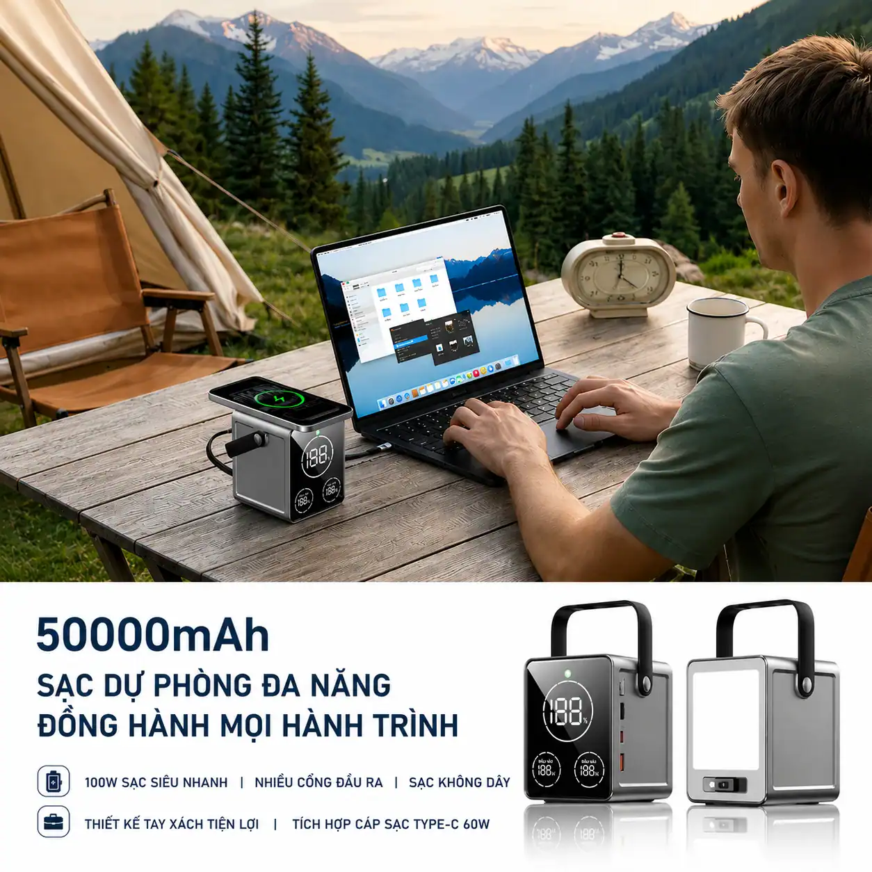 Trạm sạc dự phòng WiWU PS300 50000mAh PD 100W và sạc không dây 15W