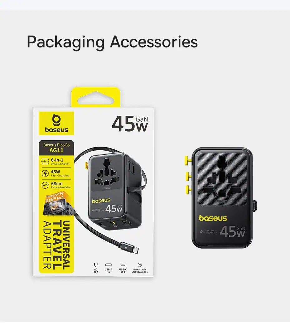 Củ Sạc Du Lịch Baseus PicoGo AG11 45W (US/UK/EU/AU, 2 AC + 2 USB-A + 2 USB-C, Kèm Cáp Rút)