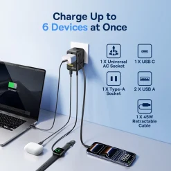 Củ Sạc Du Lịch Baseus PicoGo AG11 45W (US/UK/EU/AU, 2 AC + 2 USB-A + 2 USB-C, Kèm Cáp Rút)