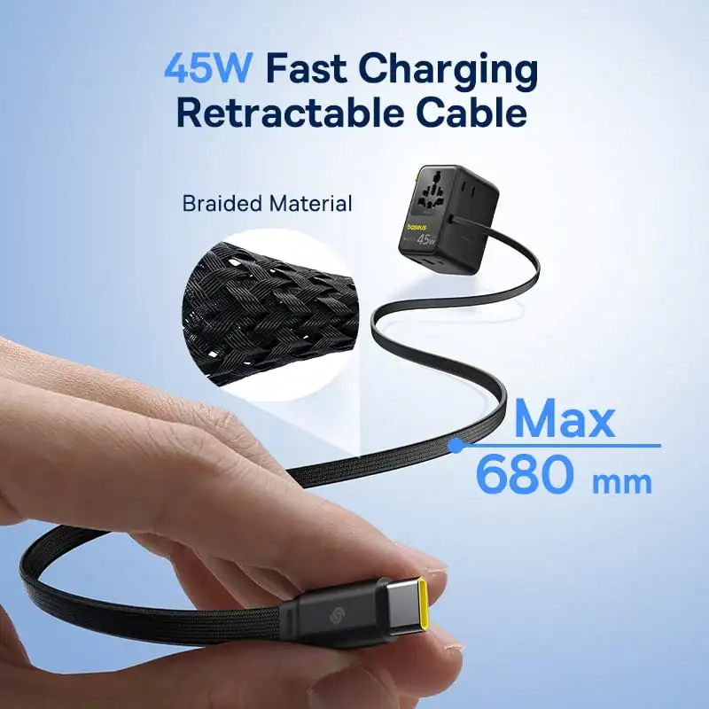 Củ Sạc Du Lịch Baseus PicoGo AG11 45W (US/UK/EU/AU, 2 AC + 2 USB-A + 2 USB-C, Kèm Cáp Rút)