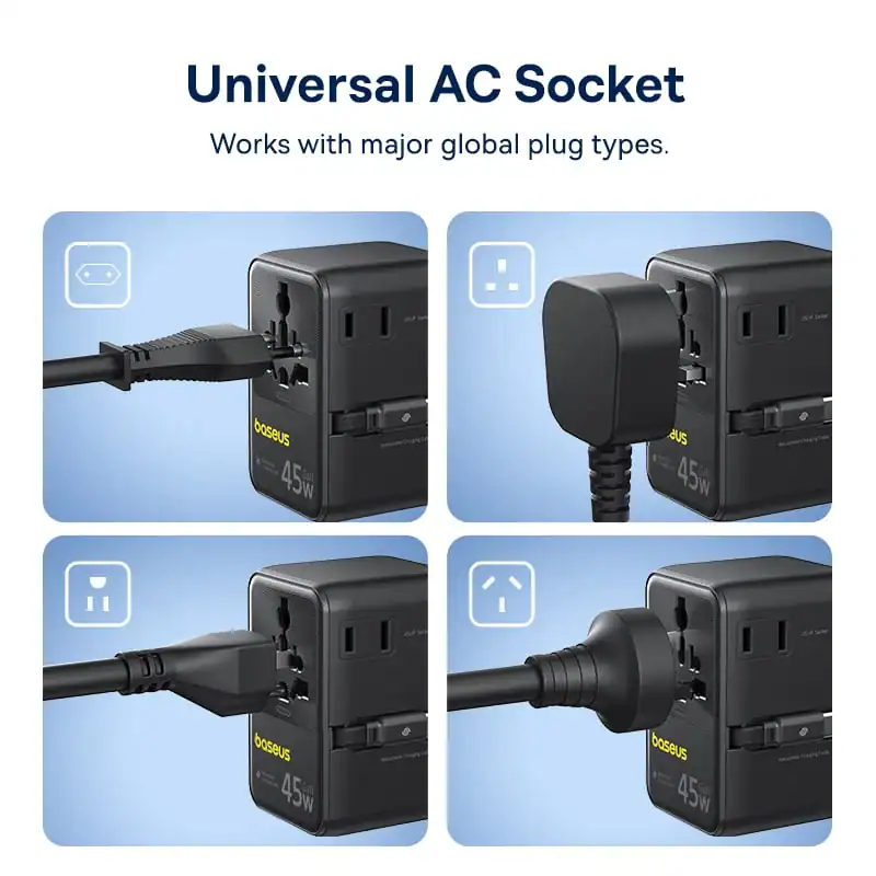Củ Sạc Du Lịch Baseus PicoGo AG11 45W (US/UK/EU/AU, 2 AC + 2 USB-A + 2 USB-C, Kèm Cáp Rút)