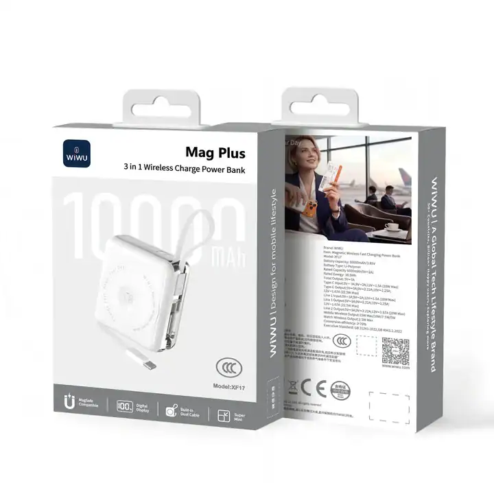 Pin dự phòng WiWU Mag Plus XF17 3 in 1 ( 10.000mAh | 20W | Sạc đồng hồ | Tai nghe | Từ Tính | Chuẩn CCC)