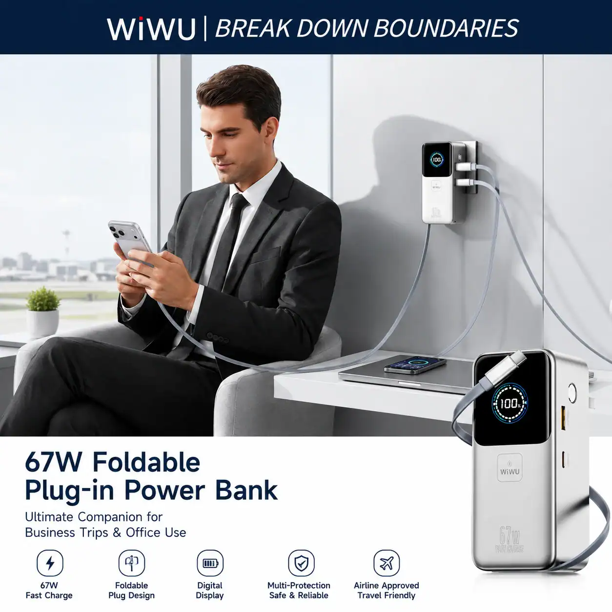 Pin dự phòng WIWU Power Mega PM501 tích hợp chân sạc 3 in 1 ( 15000mAh | 67W | Cáp C | Chuẩn CCC)