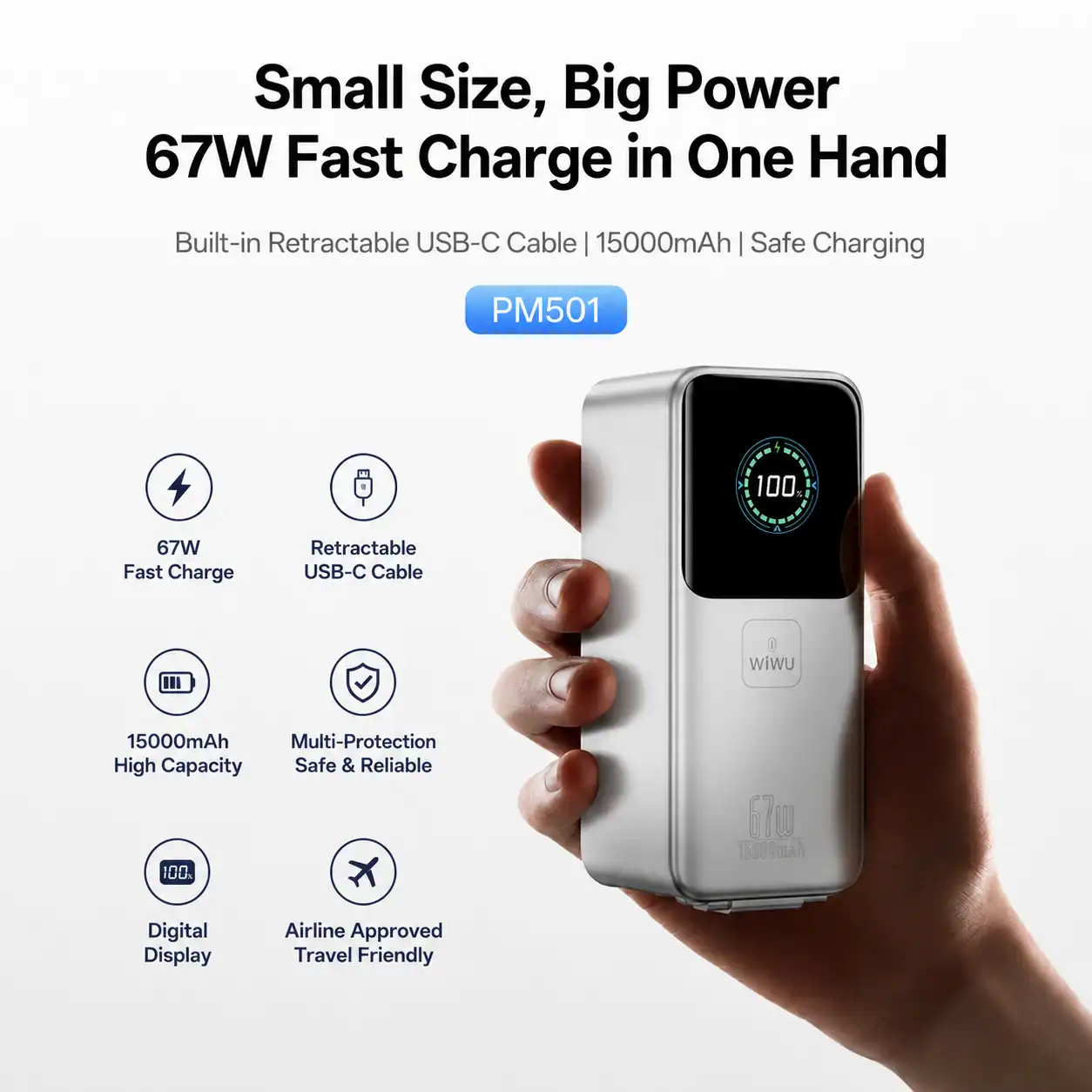 Pin dự phòng WIWU Power Mega PM501 tích hợp chân sạc 3 in 1 ( 15000mAh | 67W | Cáp C | Chuẩn CCC)