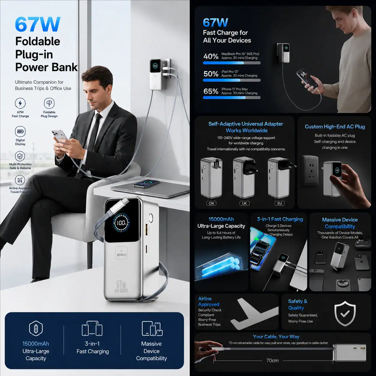 Pin dự phòng WIWU Power Mega PM501 tích hợp chân sạc 3 in 1 ( 15000mAh | 67W | Cáp C | Chuẩn CCC)