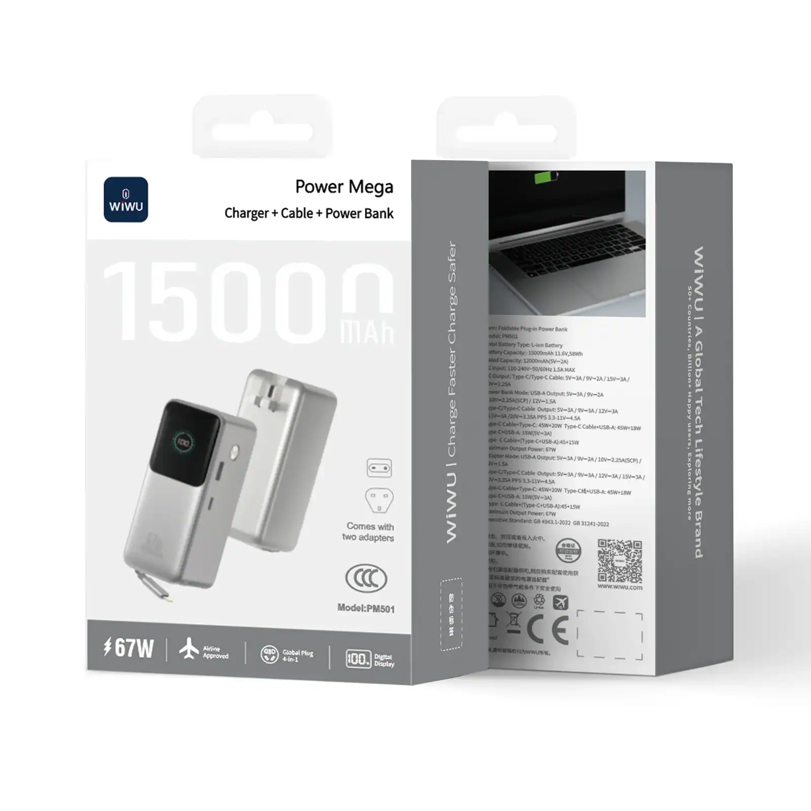 Pin dự phòng WIWU Power Mega PM501 tích hợp chân sạc 3 in 1 ( 15000mAh | 67W | Cáp C | Chuẩn CCC)