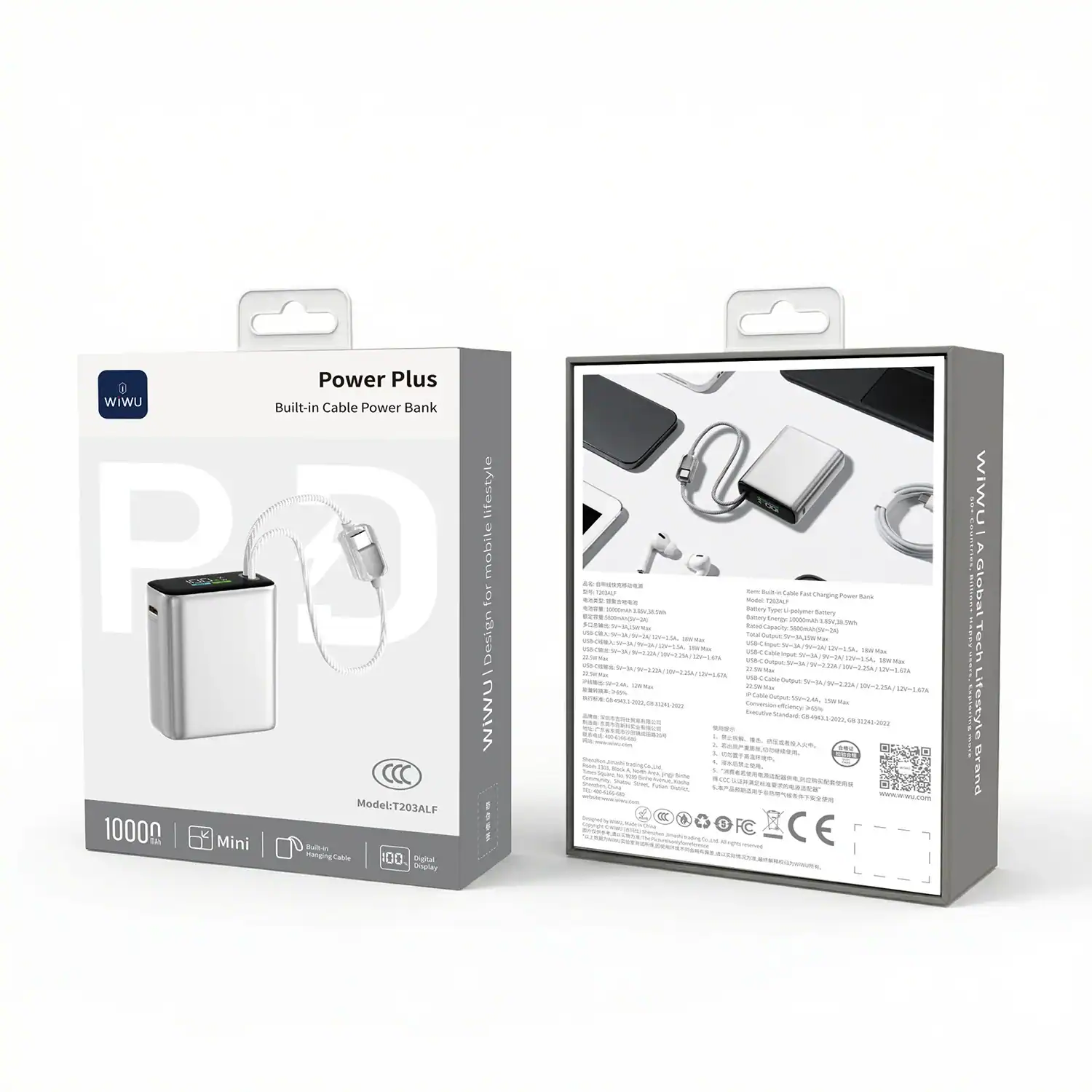 Pin dự phòng WIWU POWER PLUS T203ALF ( 10.000mAh | 22.5W | Tích hợp cáp C+ L | Chứng nhận CCC )
