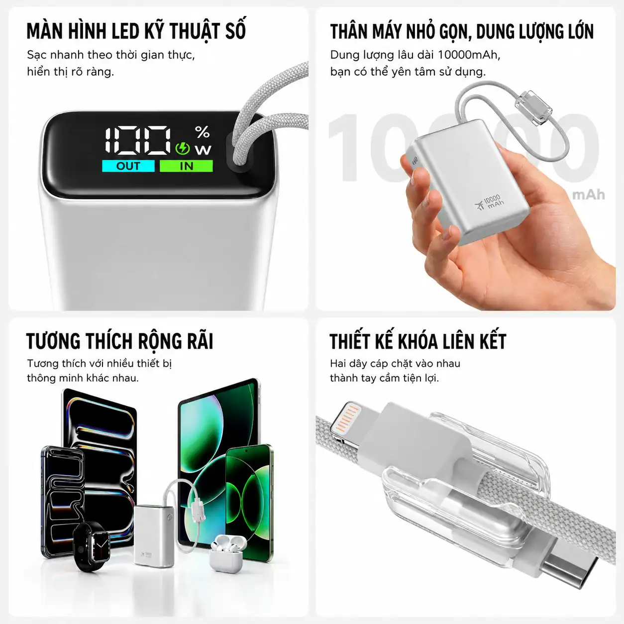 Pin dự phòng WIWU POWER PLUS T203ALF ( 10.000mAh | 22.5W | Tích hợp cáp C+ L | Chứng nhận CCC )