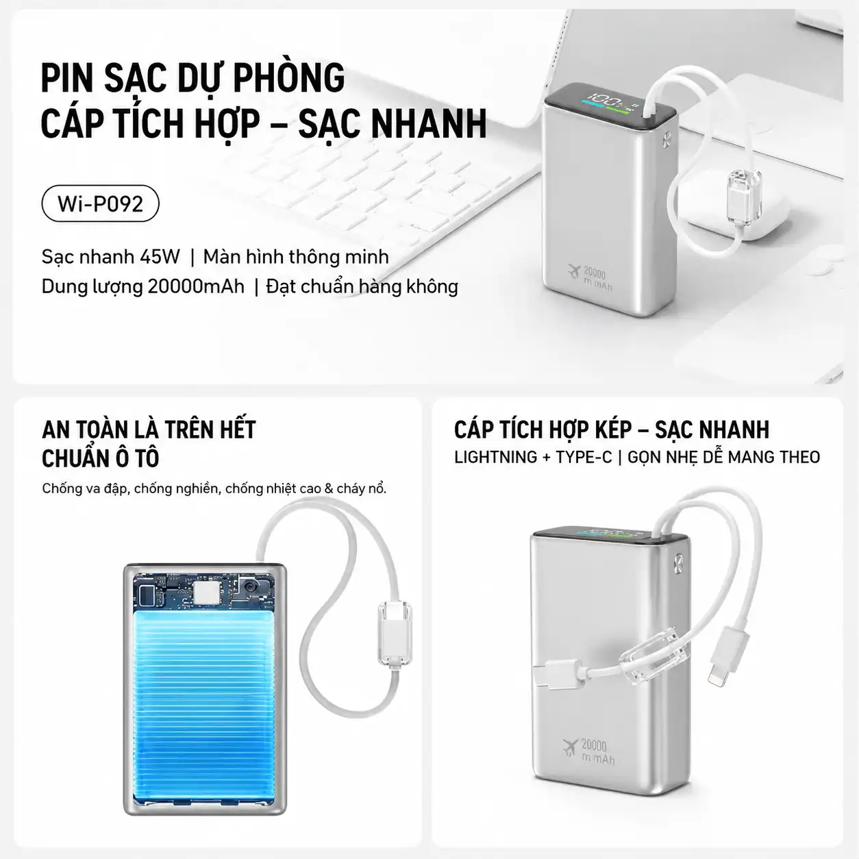 Pin dự phòng WIWU POWER PLUS WI-P092 ( 20.000mAh | 45W | Tích hợp cáp C+ L | Chứng nhận CCC )