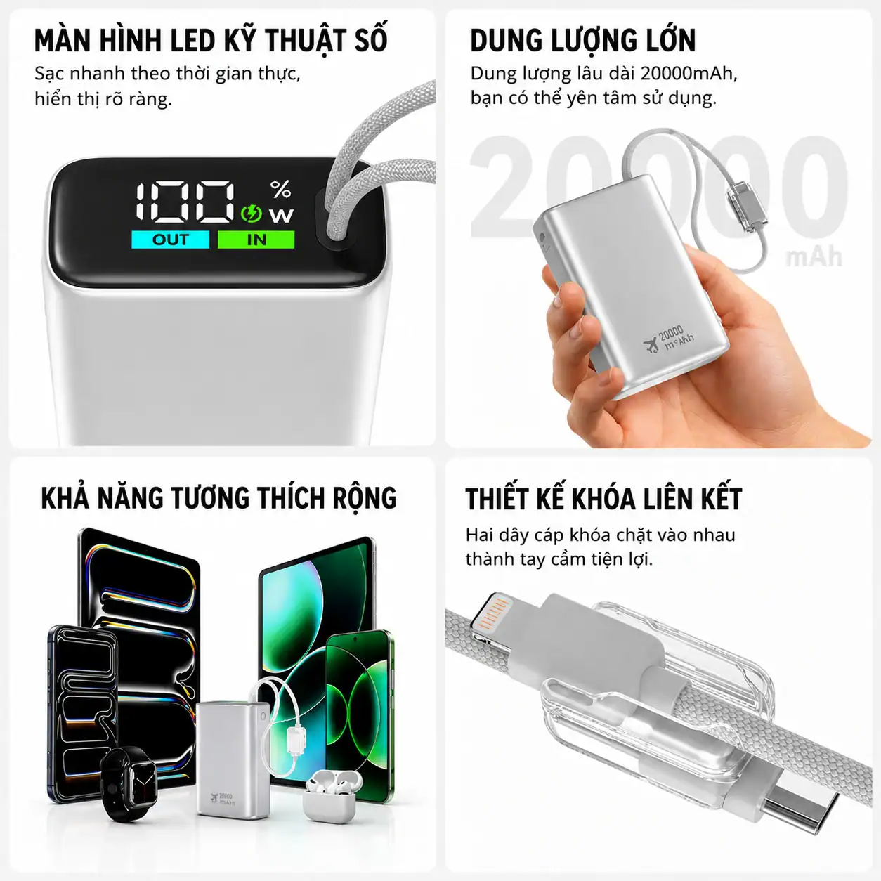 Pin dự phòng WIWU POWER PLUS WI-P092 ( 20.000mAh | 45W | Tích hợp cáp C+ L | Chứng nhận CCC )