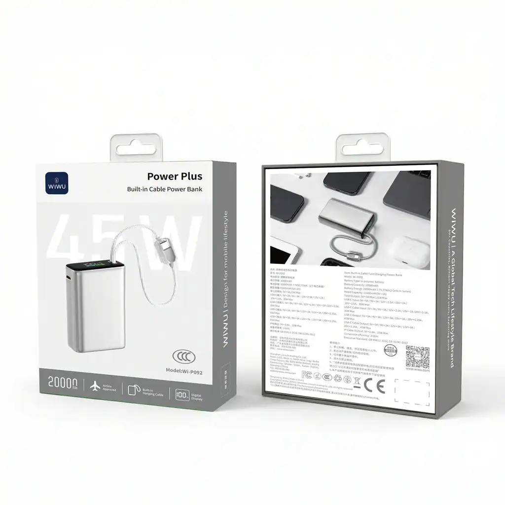 Pin dự phòng WIWU POWER PLUS WI-P092 ( 20.000mAh | 45W | Tích hợp cáp C+ L | Chứng nhận CCC )