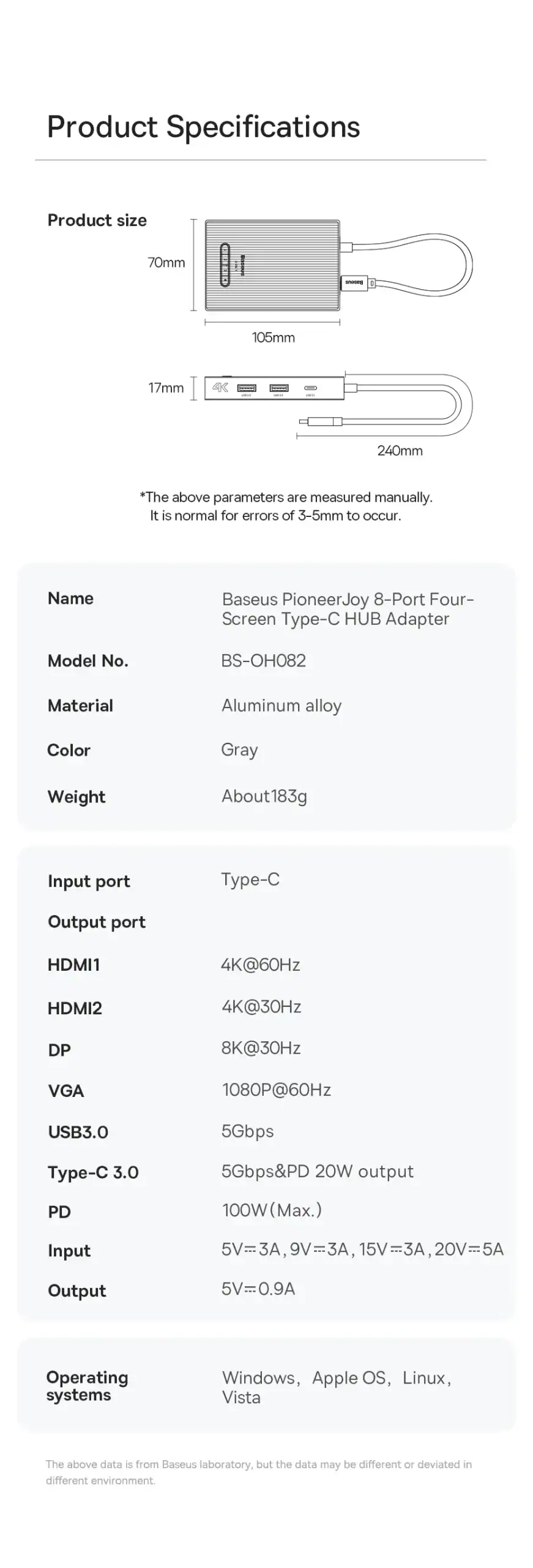 Hub Mở Rộng Kết Nối Đa Năng Baseus PioneerJoy 8 in 1 ( kết nối 4 màn hình HDMI, DP , VGA)