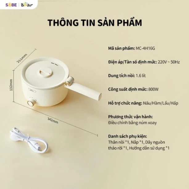Nồi điện đa năng Bear MC-4H16H ( 12 tháng BH)