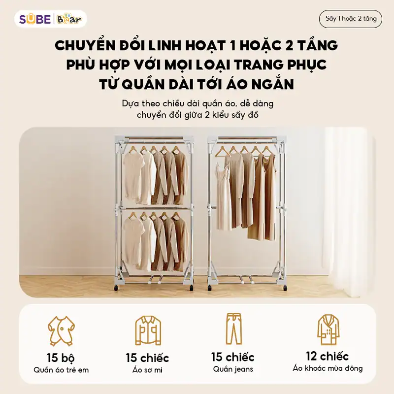 Kết cấu hai tầng phơi bên trong tủ sấy quần áo Bear 400L
