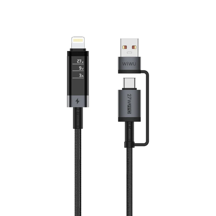 Màn hình kỹ thuật số trên cáp sạc WiWU Wi-C110 đang theo dõi công suất
