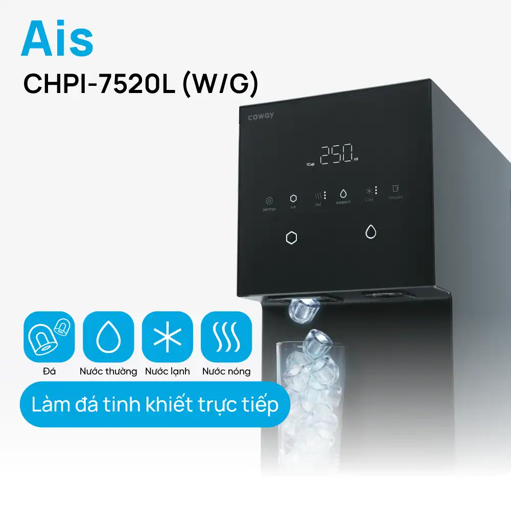 Coway AIS CHPI-7520L làm đá tinh khiết trực tiếp với 4 chế độ đá, nước thường, lạnh, nóng