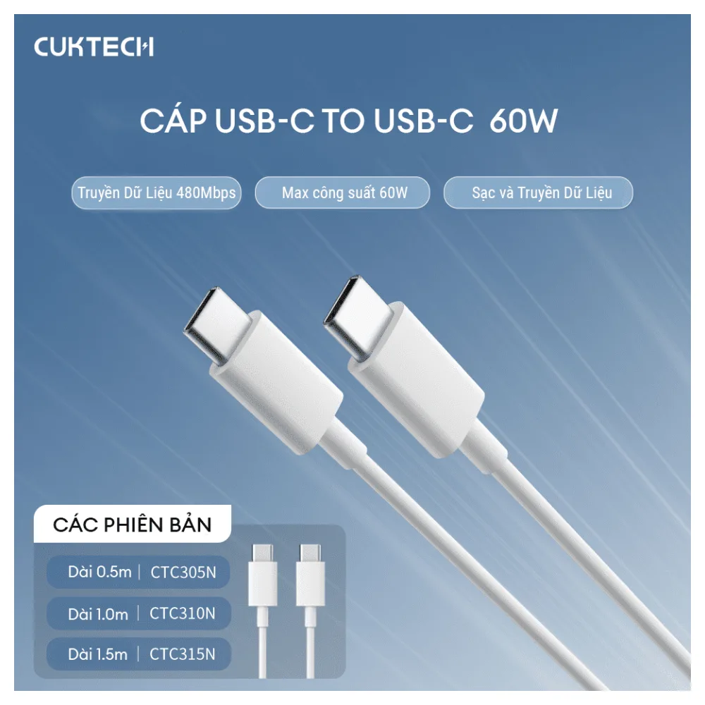 Cáp sạc Cuktech CTC305N Type-C to Type-C 60W 0.5m - hình 2