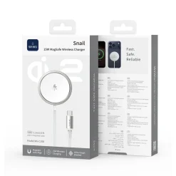 Hộp sản phẩm WiWU Snail 15W MagSafe Wireless Charger Wi-C108 với cáp USB-C liền 1,2 m