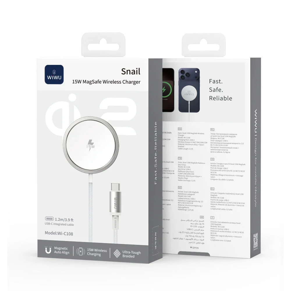 Hộp sản phẩm WiWU Snail 15W MagSafe Wireless Charger Wi-C108 với cáp USB-C liền 1,2 m