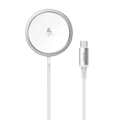 Sạc không dây WIWU MagSafe Qi2 C108 15W mặt trước màu trắng viền nhôm bạc kèm cáp USB-C