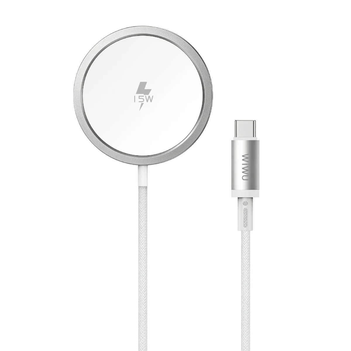 Sạc không dây WIWU MagSafe Qi2 C108 15W mặt trước màu trắng viền nhôm bạc kèm cáp USB-C