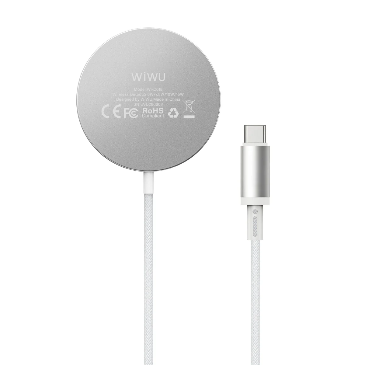 Mặt sau hợp kim nhôm của sạc không dây WiWU Wi-C108 và đầu cắm USB-C