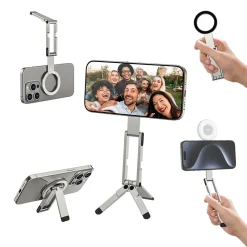 Tripod từ tính cho điện thoại Ulanzi MA60 màu bạc ở các chế độ gấp gọn, cầm tay và giá đỡ để bàn