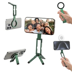 Tripod từ tính cho điện thoại Ulanzi MA60 màu xanh lá ở các chế độ gấp gọn, cầm tay và giá đỡ để bàn