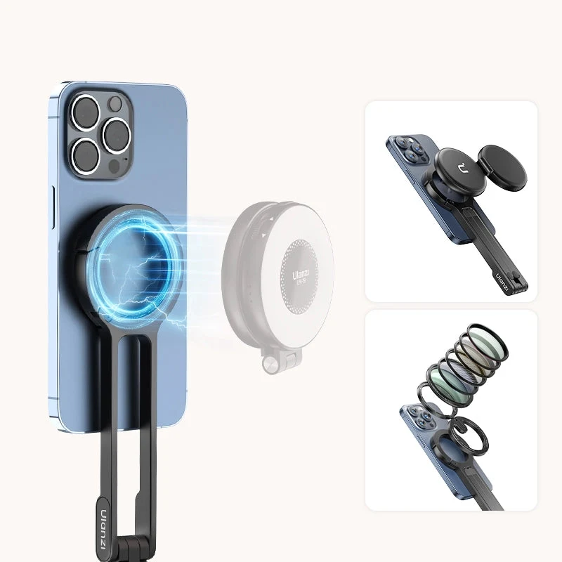 Nam châm hai mặt của Ulanzi MA30 gắn điện thoại ở mặt trước và phụ kiện từ tính ở mặt sau
